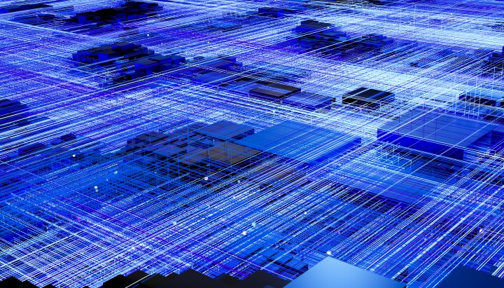 Complex network of interconnected data blocks transferring information through bright blue lines